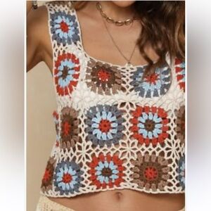 Altar'd State Maya Crochet Medallion Tank Top ivory fall color pattern sz M used